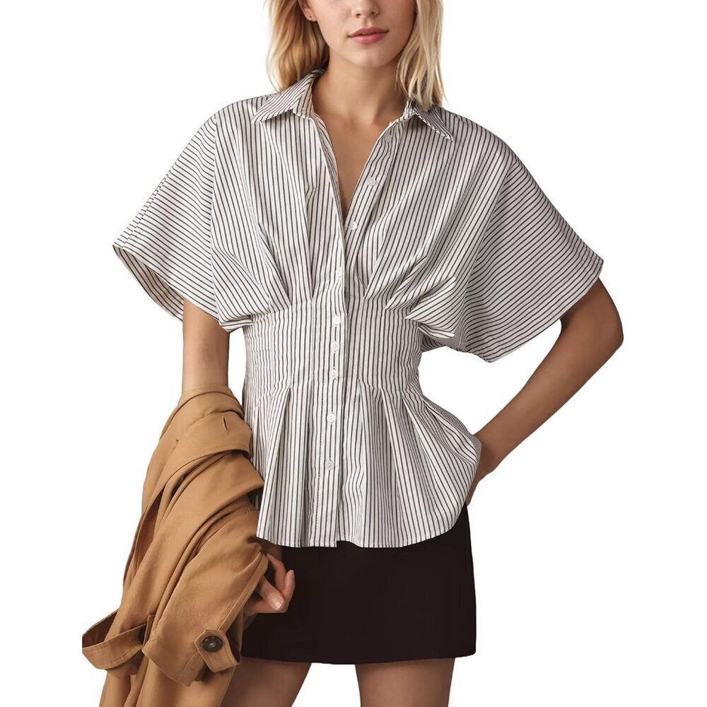 Women Short Sleeve Pleated Button Shirt Summer Casual White Blouse
